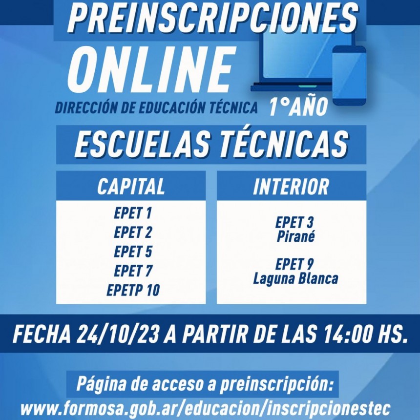 Preinscripciones online para estudiantes de primer año de escuelas técnicas