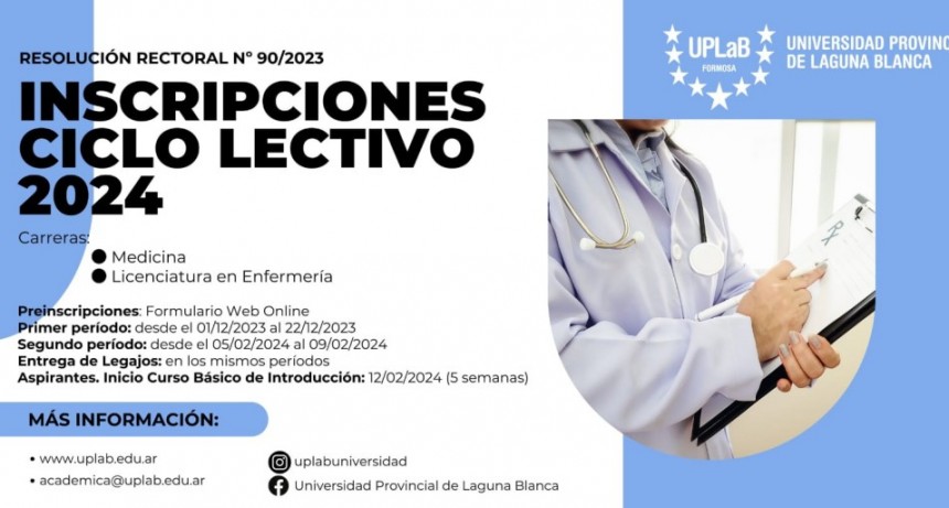 La Universidad Provincial de Laguna Blanca anunció la inscripción a las carreras de Medicina y Licenciatura en Enfermería